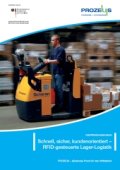 Scheren Logistik GmbH: Tittelblatt der Broschüre &quot;Schnell, sicher, kundenorientiert - RFID-gesteuerte Lager-Logistik &quot;. Bild mit einem Mitarbeiter, der mit einem Gabelstabler einem Regalsortiment vorbei fährt
